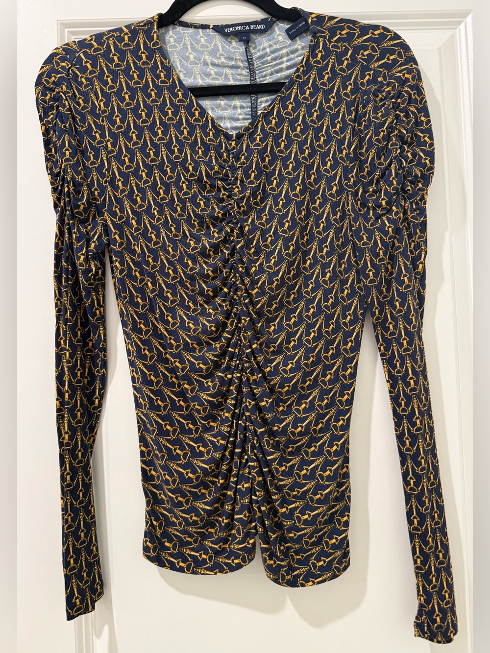 VERONICA BEARD Navy & Gold Ruched Long-Sleeve V-Neck Top - Rayon & 5% Spandex XS